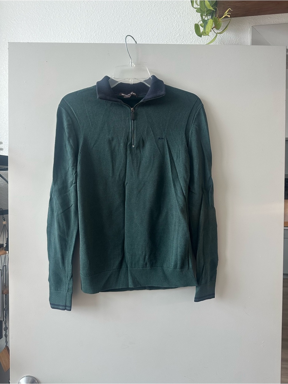 Michael Kors Men's Dark Green Half-Zip Sweater with Navy Trim